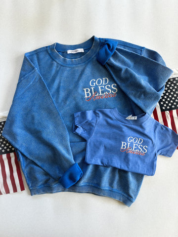 GOD BLESS AMERICA BLUE CORDED CREW - LIMITED EDITION