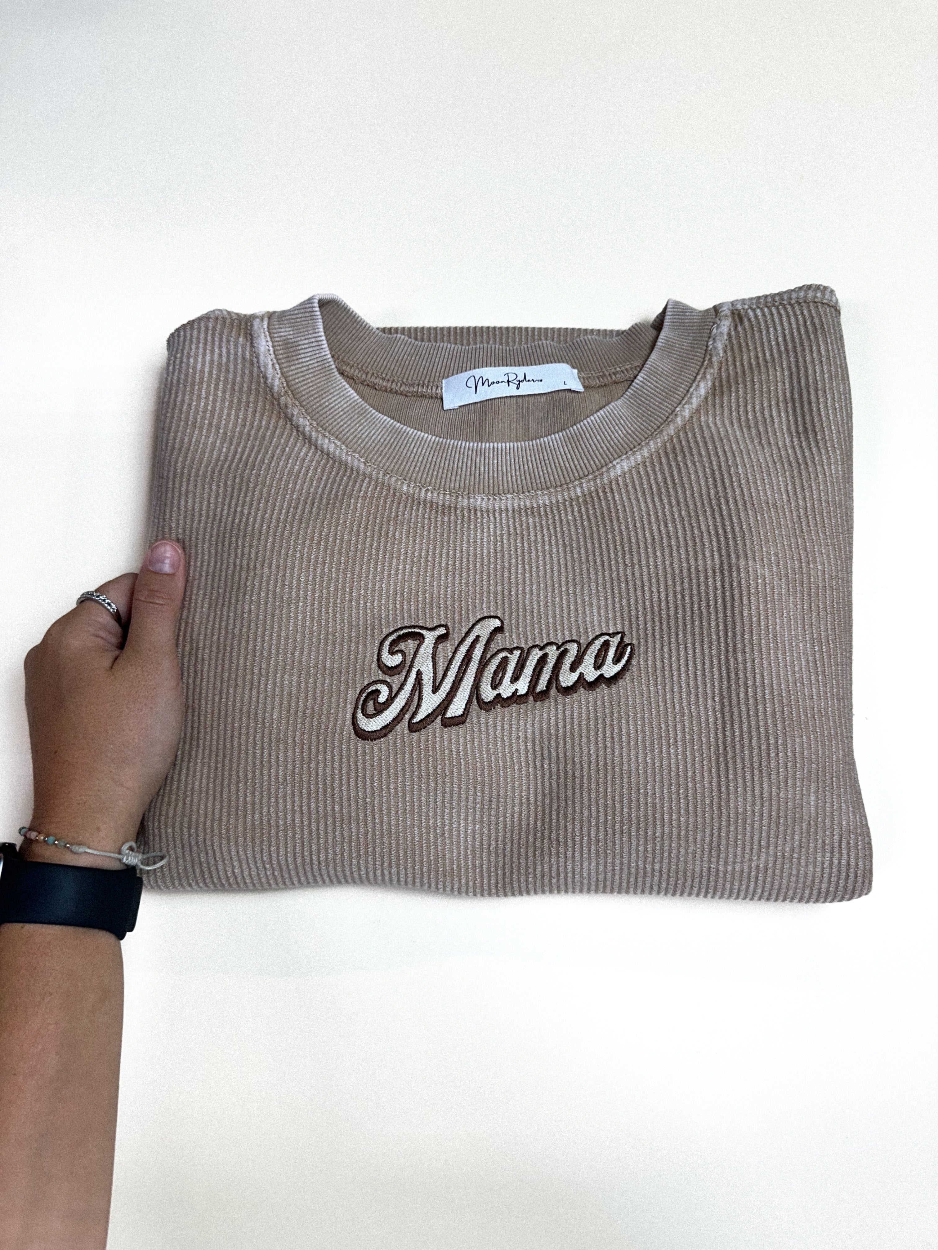 MAMA TAN EMBROIDERED CORDED CREWNECK