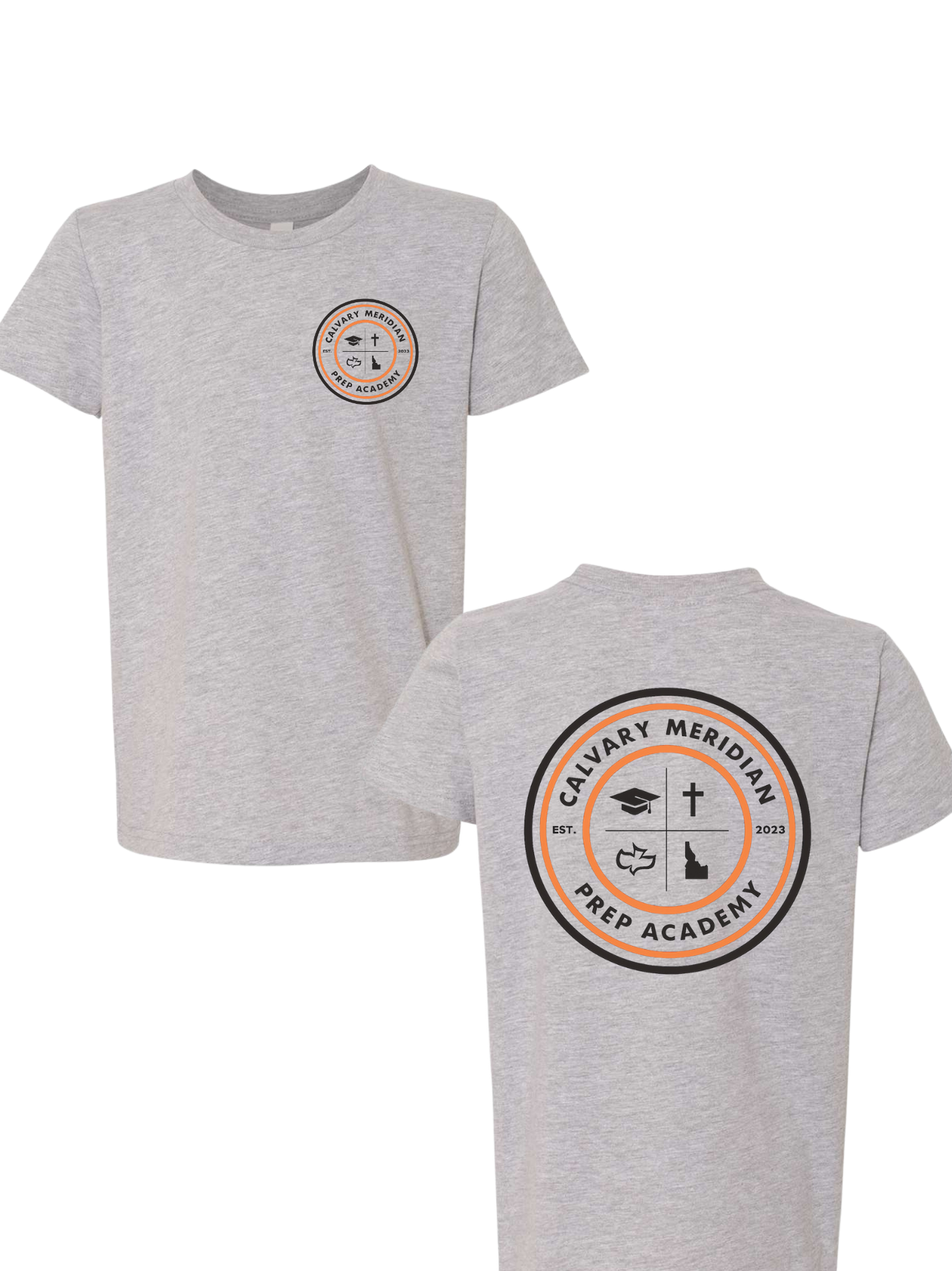 ADULT TEE - CALVARY MERIDIAN PREP ACADEMY CIRCLE LOGO FRONT + BACK, ORANGE/BLACK PRINT