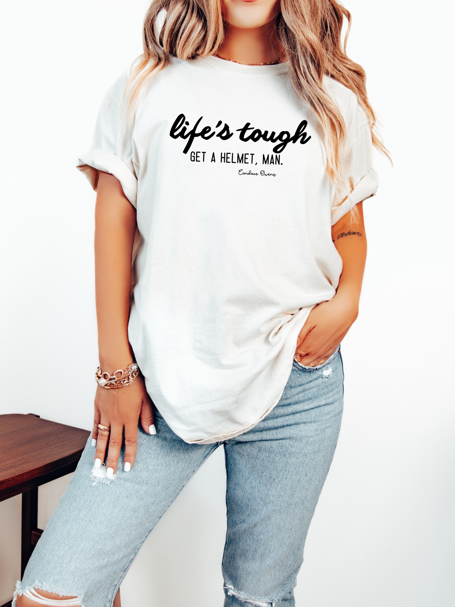 LIFES TOUGH GET A HELMET, MAN - ADULT TEE