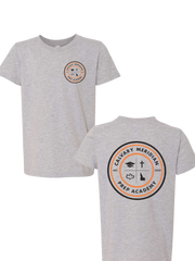 YOUTH TEE - CALVARY MERIDIAN PREP ACADEMY CIRCLE LOGO FRONT + BACK, ORANGE/BLACK PRINT