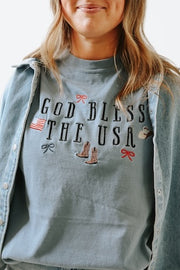 GOD BLESS THE USA BOWS/COWGIRL EMBROIDERED TEE SHIRT