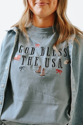 GOD BLESS THE USA BOWS/COWGIRL EMBROIDERED TEE SHIRT