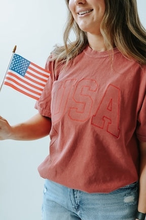 USA CROSS STITCHED EMBROIDERED TEE SHIRT
