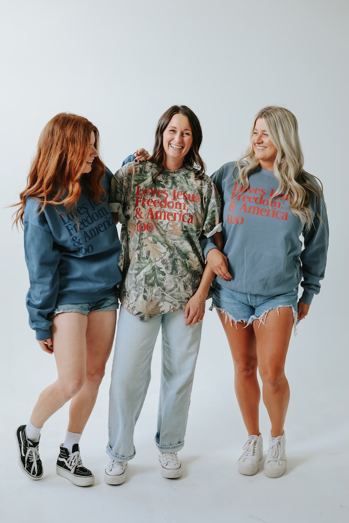 ADULT LOVES JESUS, FREEDOM & AMERICA, TOO- WASHED CREWNECK
