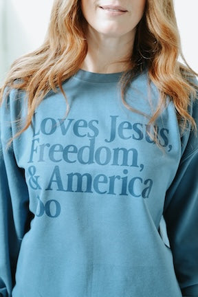 ADULT LOVES JESUS, FREEDOM & AMERICA TOO - REGULAR CREWNECK
