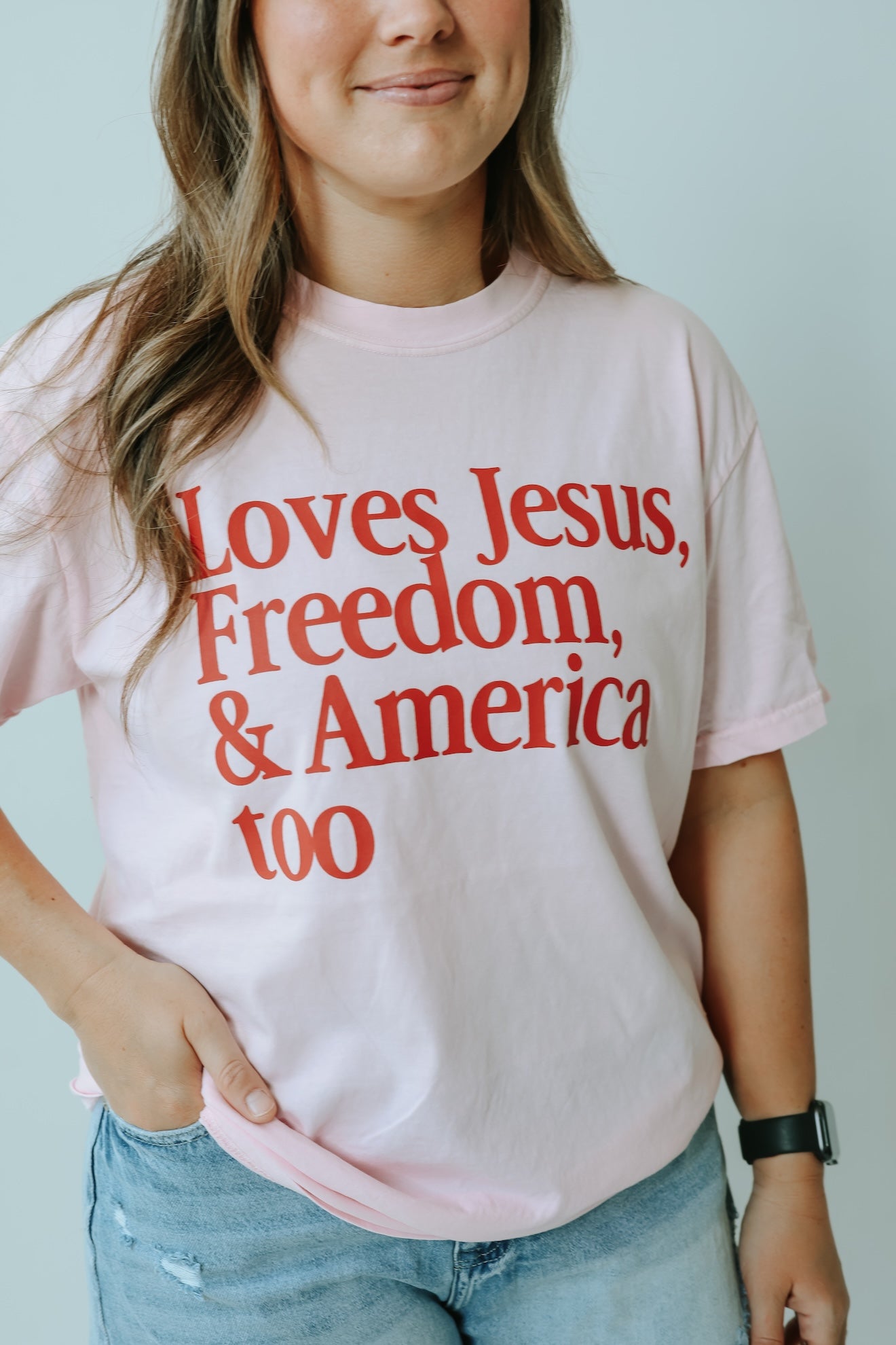 ADULT LOVES JESUS, FREEDOM & AMERICA, TOO TEE SHIRT