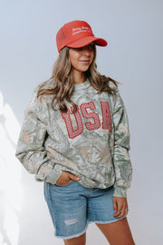 CAMO GINGHAM USA APPLIQUE - EMBROIDERED VINTAGE WASHED CREWNECK