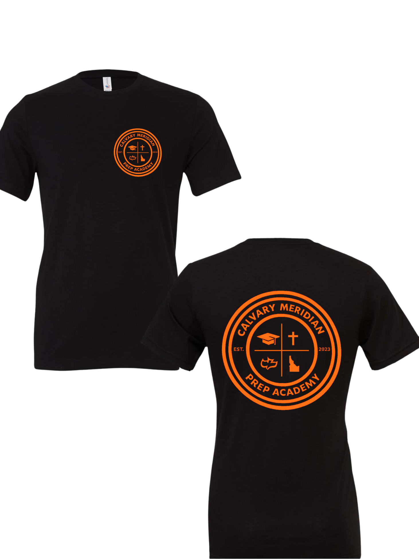 ADULT TEE - CALVARY MERIDIAN PREP ACADEMY CIRCLE LOGO FRONT + BACK, ORANGE PRINT