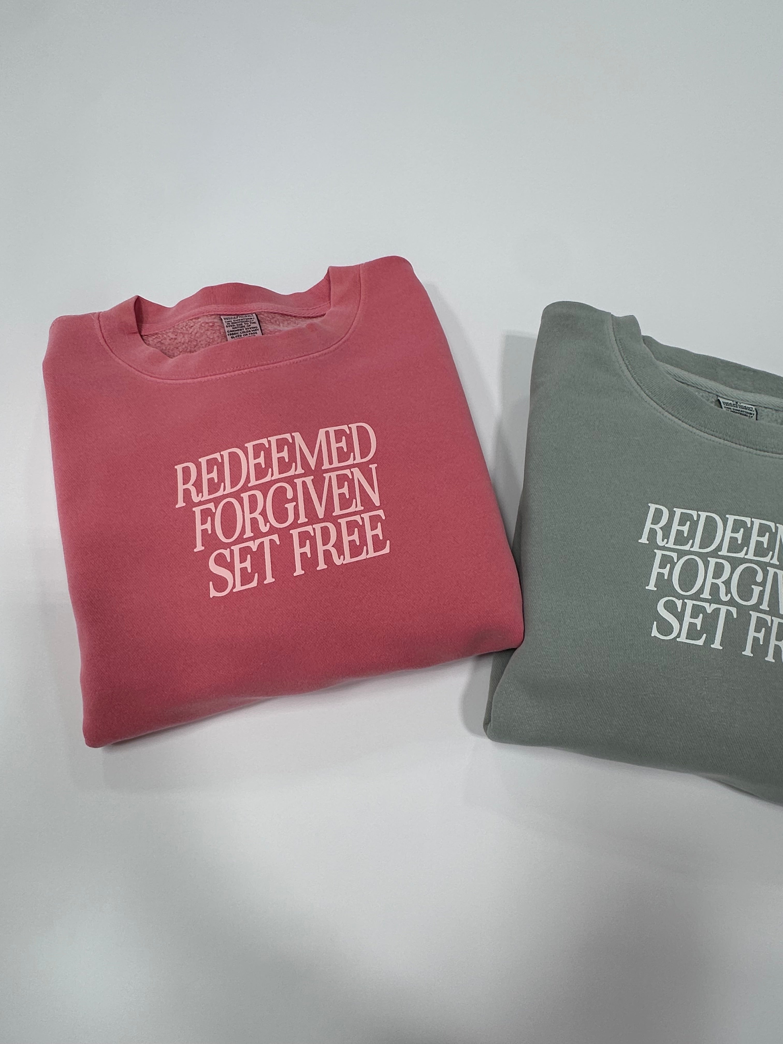 REDEEMED FORGIVEN SET FREE - EMBROIDERED WASHED CREWNECK