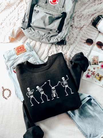 WHITE DANCING SKELETONS, PRINTED - ADULT CREWNECK