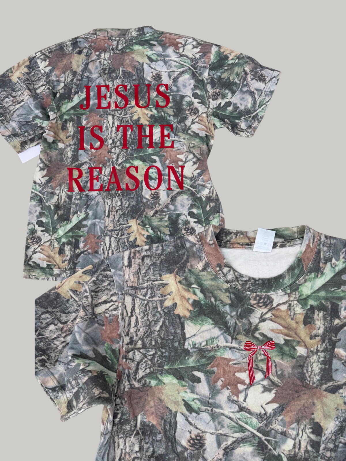 EMBROIDERED BOW JESUS IS THE REASON - VINTAGE CAMO TEE