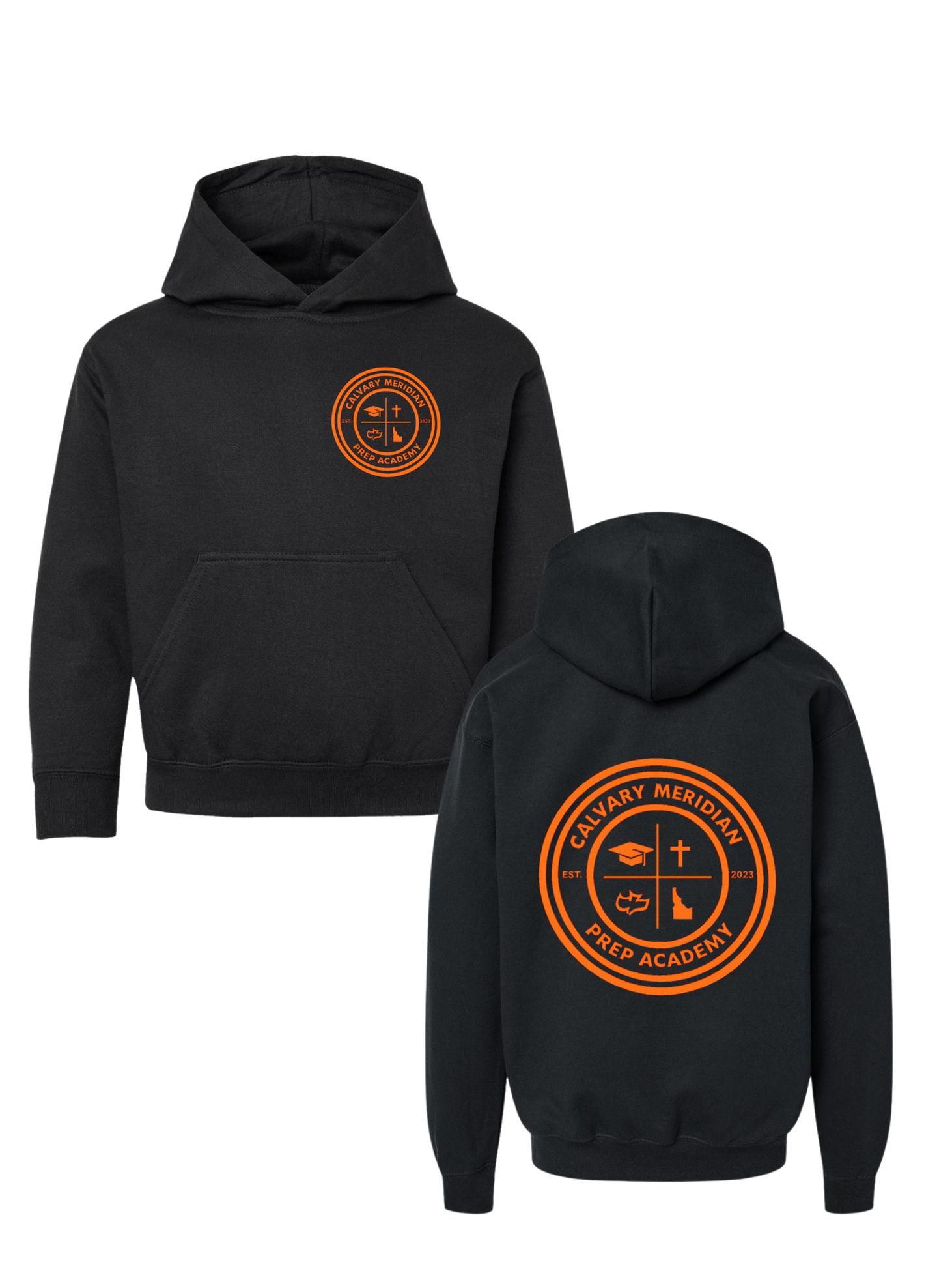 ADULT HOODIE - CALVARY MERIDIAN PREP ACADEMY CIRCLE LOGO FRONT + BACK, ORANGE PRINT