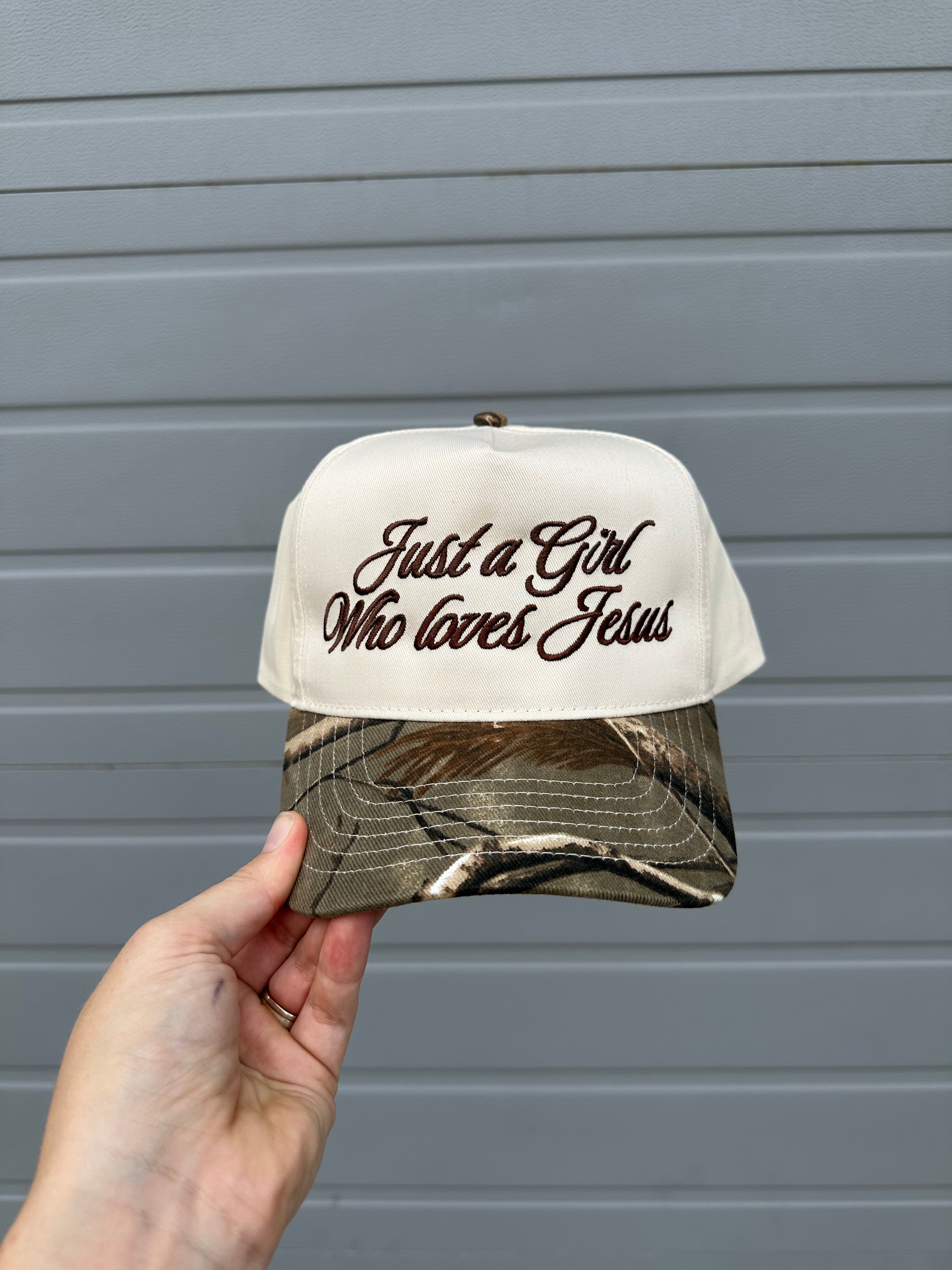 JUST A GIRL WHO LOVES JESUS CAMO HAT