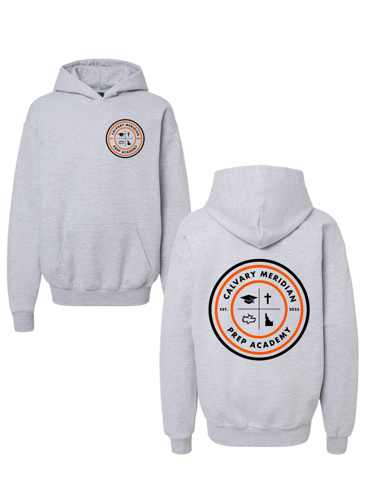 ADULT HOODIE - CALVARY MERIDIAN PREP ACADEMY CIRCLE LOGO FRONT + BACK, ORANGE/BLACK PRINT