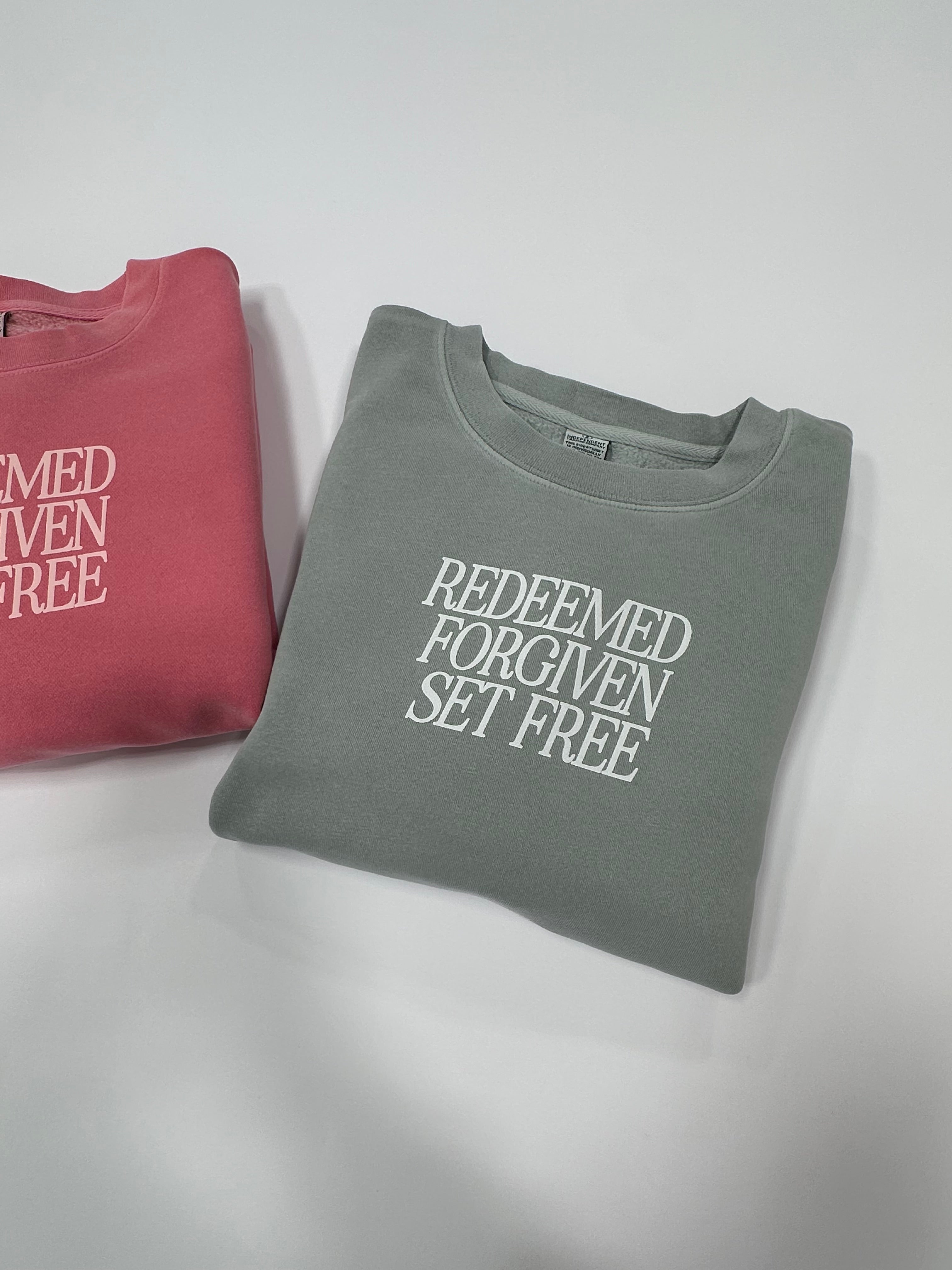 REDEEMED FORGIVEN SET FREE - EMBROIDERED WASHED CREWNECK