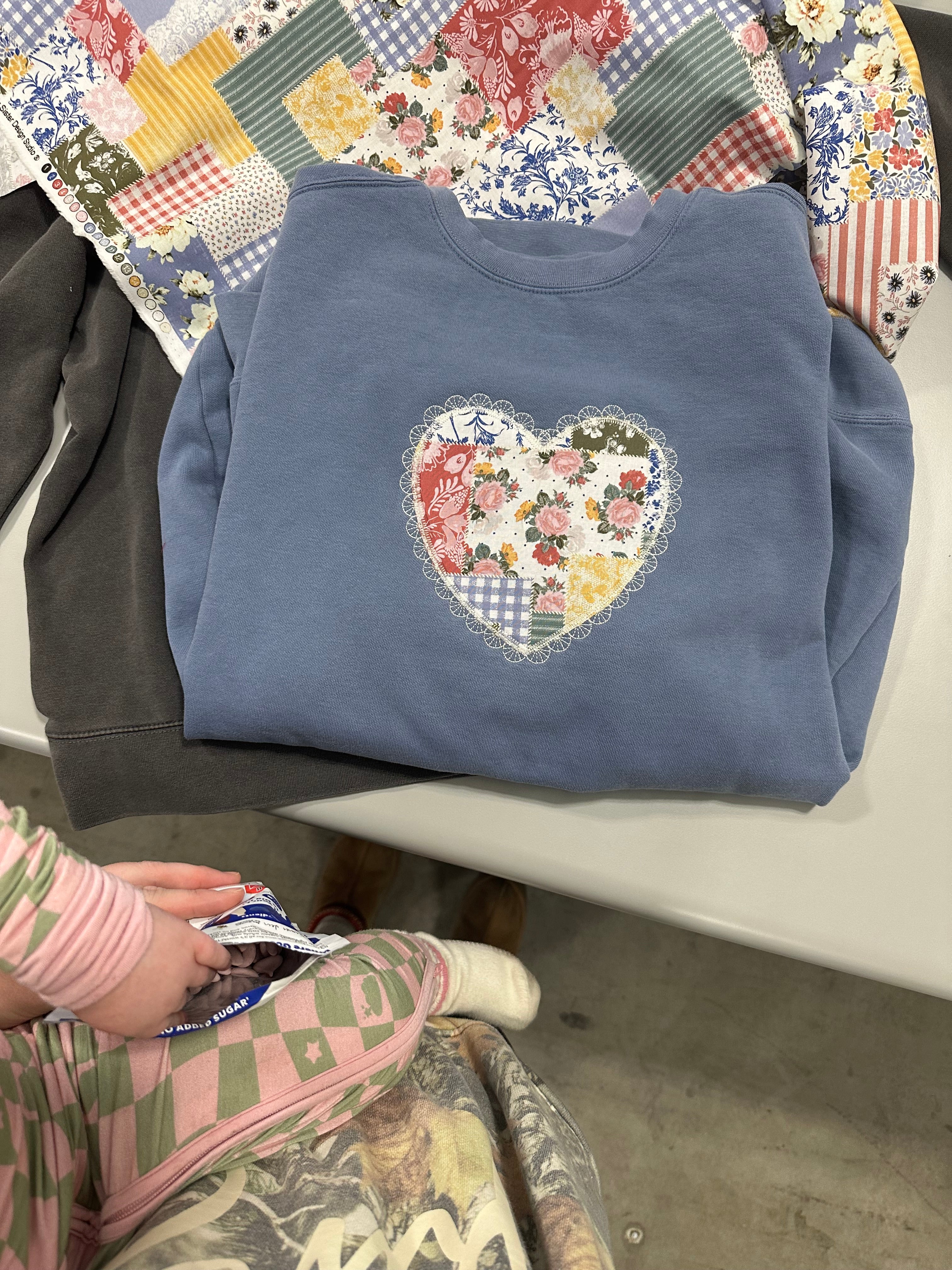 DAINTY SCALLOPED PATCHY HEART - ADULT EMBROIDERED CREWNECK SWEATER