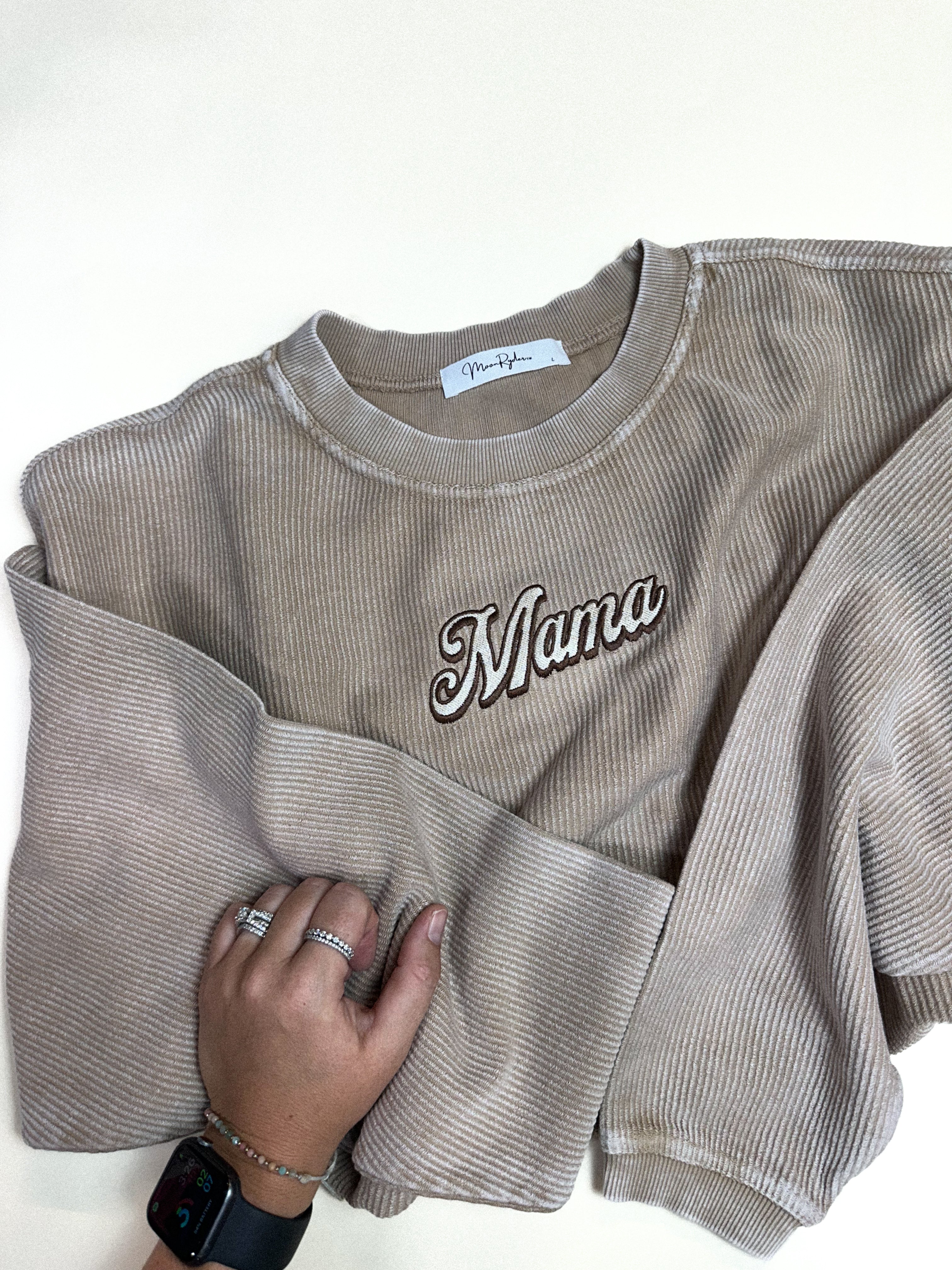 MAMA TAN EMBROIDERED CORDED CREWNECK