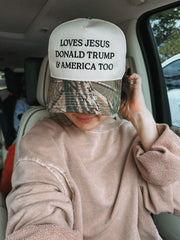 LOVES JESUS DONALD TRUMP & AMERICA TOO - ADULT EMBROIDERED HAT