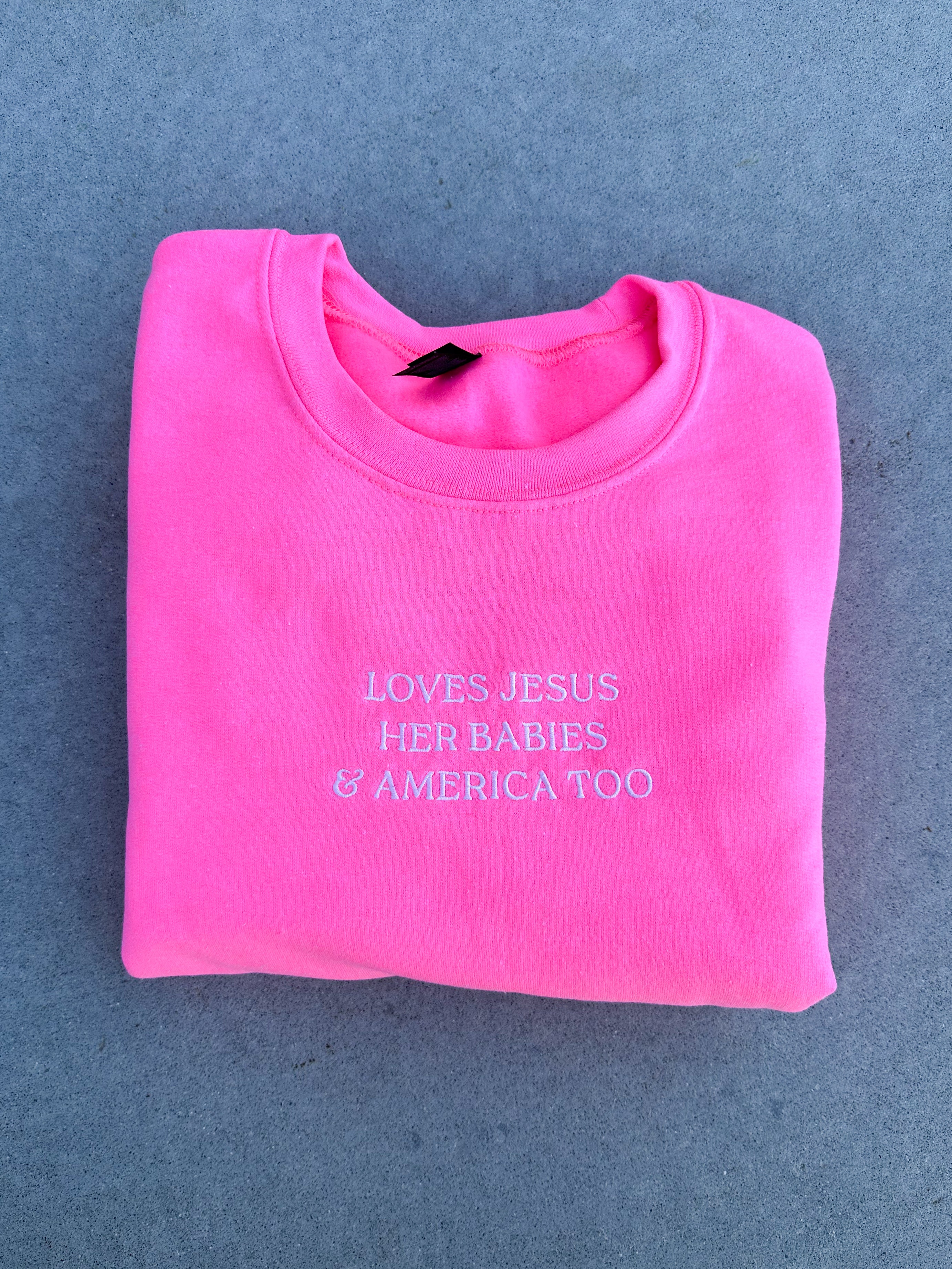 LOVES JESUS, “HER BABIES” & AMERICA, TOO - EMBROIDERED REGULAR CREWNECK