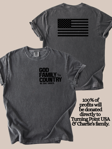GOD FAMILY COUNTRY in that order. | CHARLIE KIRK - Adult short sleeve tee
