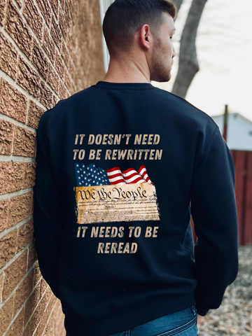 THE CONSTITUTION NEEDS TO BE RE-READ tan flag on front pocket - ADULT CREWNECK