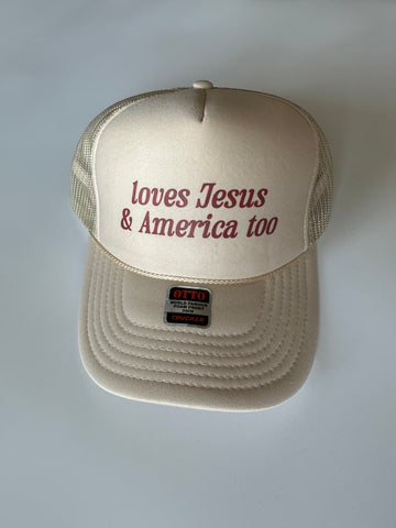 LOVES JESUS AND AMERICA TOO FOAM TRUCKER HAT (DEEP RED PRINT)