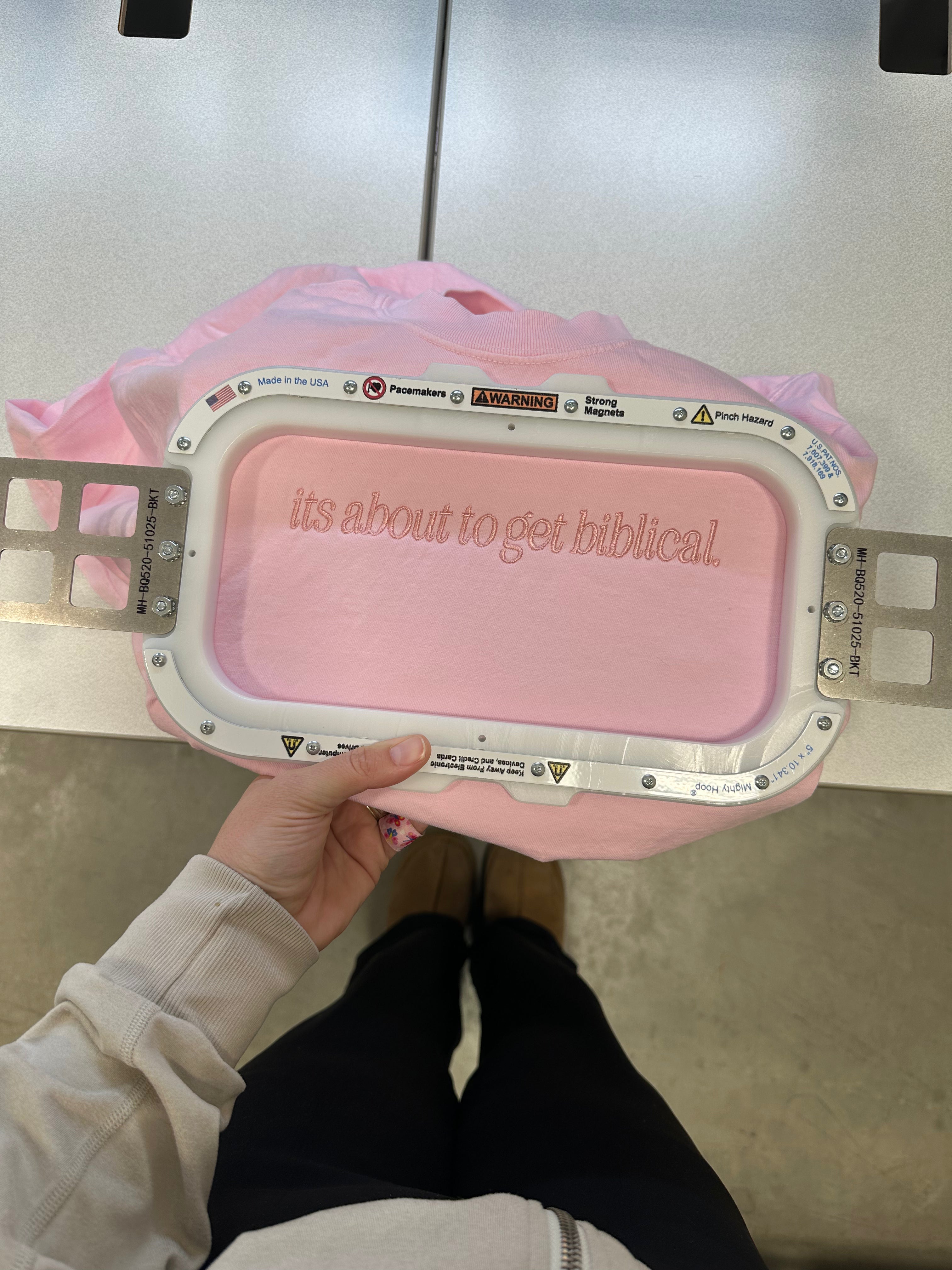 IT'S ABOUT TO GET BIBLICAL. - ADULT EMBROIDERED TEE