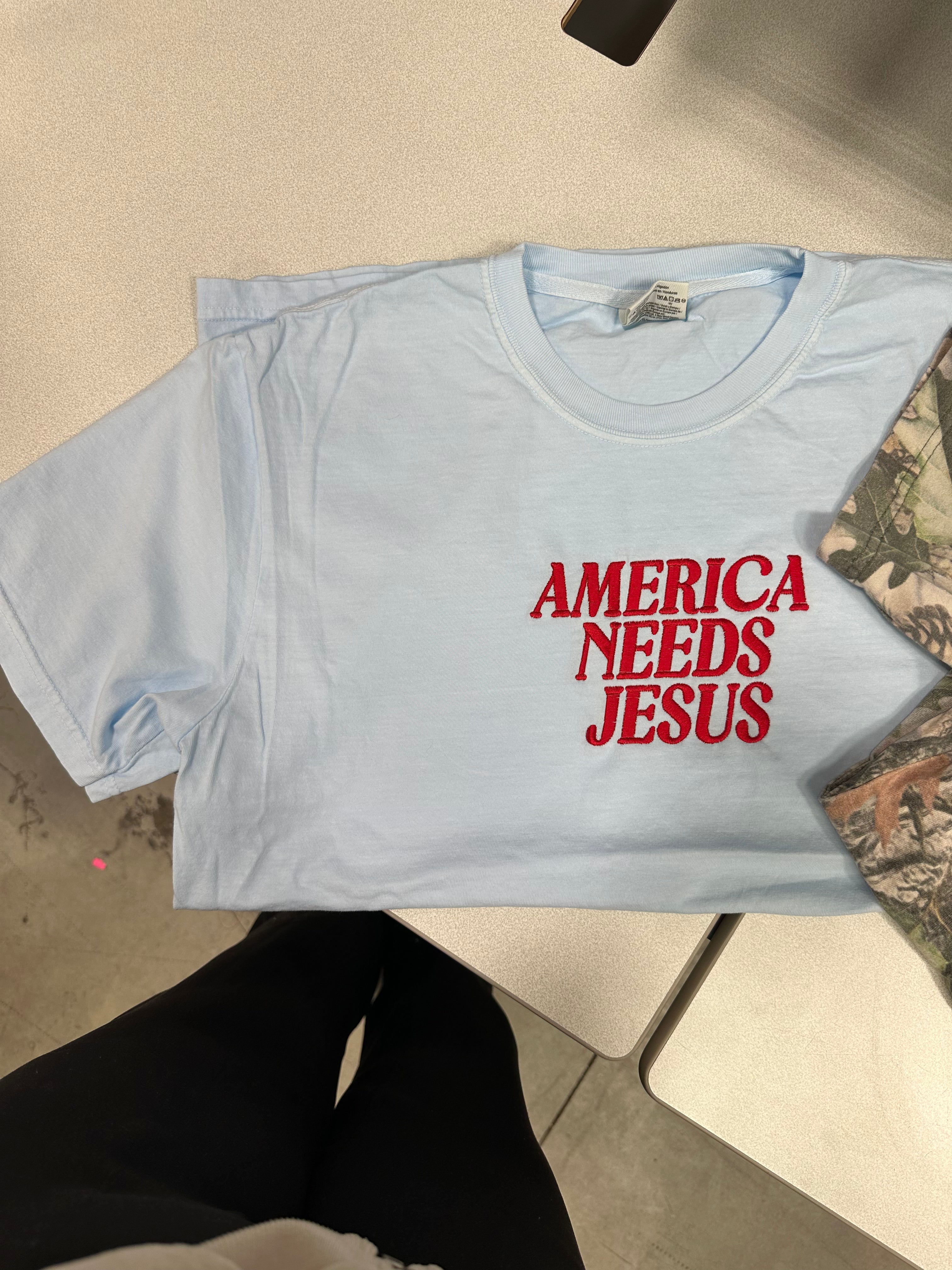 AMERICA NEEDS JESUS - ADULT EMBROIDERED TEE