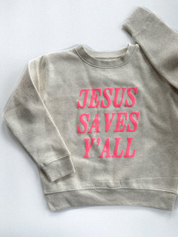 JESUS SAVES Y'ALL PINK PUFF - KIDS CREWNECK