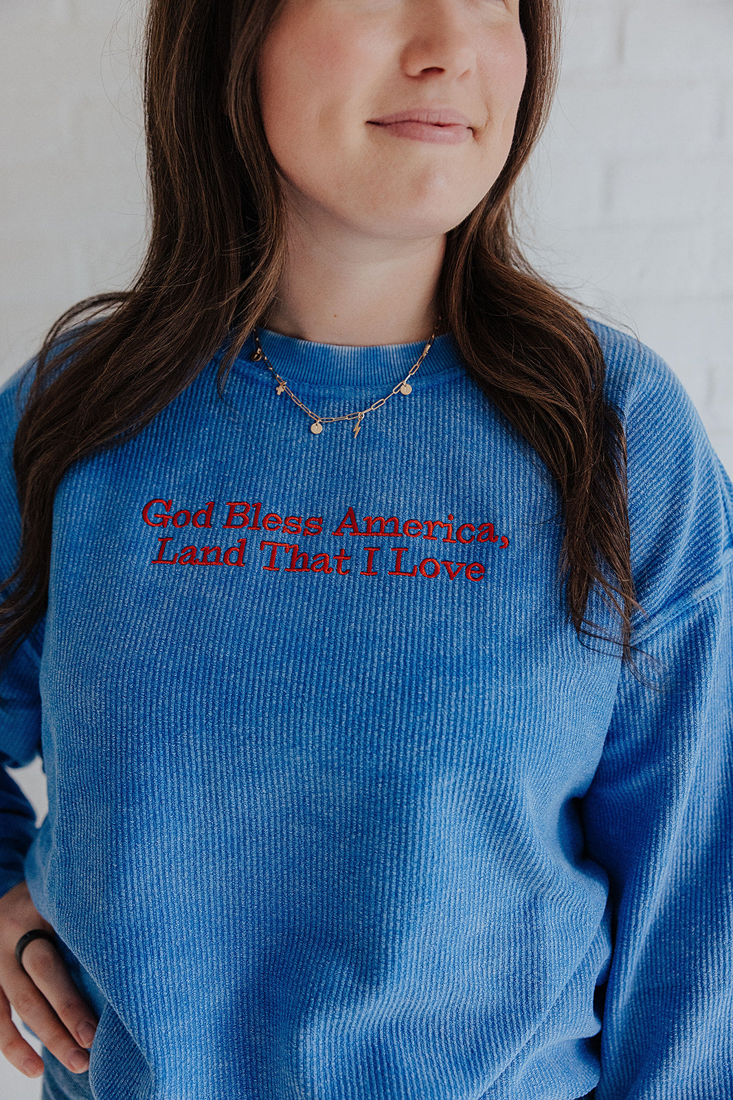 GOD BLESS AMERICA, LAND THAT I LOVE - ROYAL BLUE CORDED CREWNECK