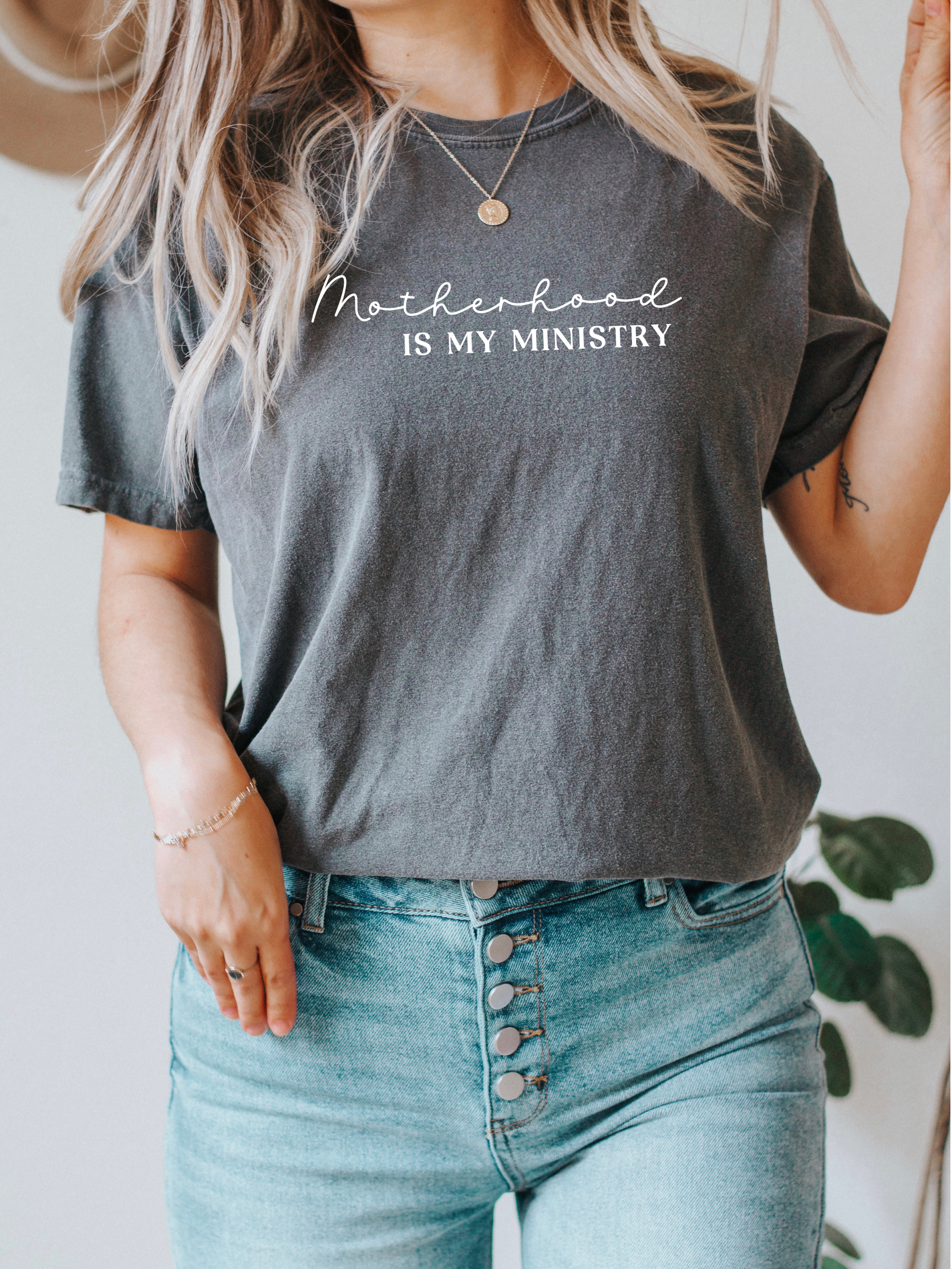 MOTHERHOOD IS MY MINISTRY (FRONT AND BACK DESIGN, WHITE PRINT) - ADULT TEE