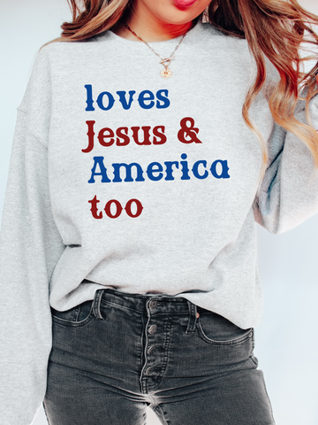 LOVES JESUS & AMERICA TOO - ADULT CREWNECK