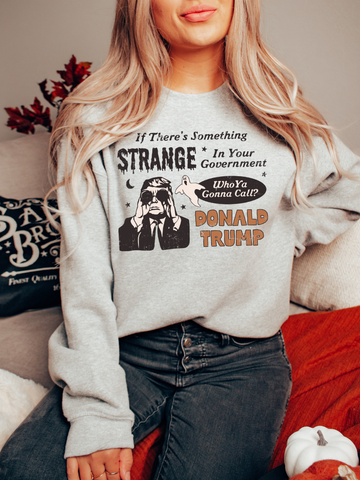 IF THERES SOMETHING STRANGE IN YOUR GOV, WHO YOU GONNA CALL? DONALD TRUMP! - ADULT CREWNECK