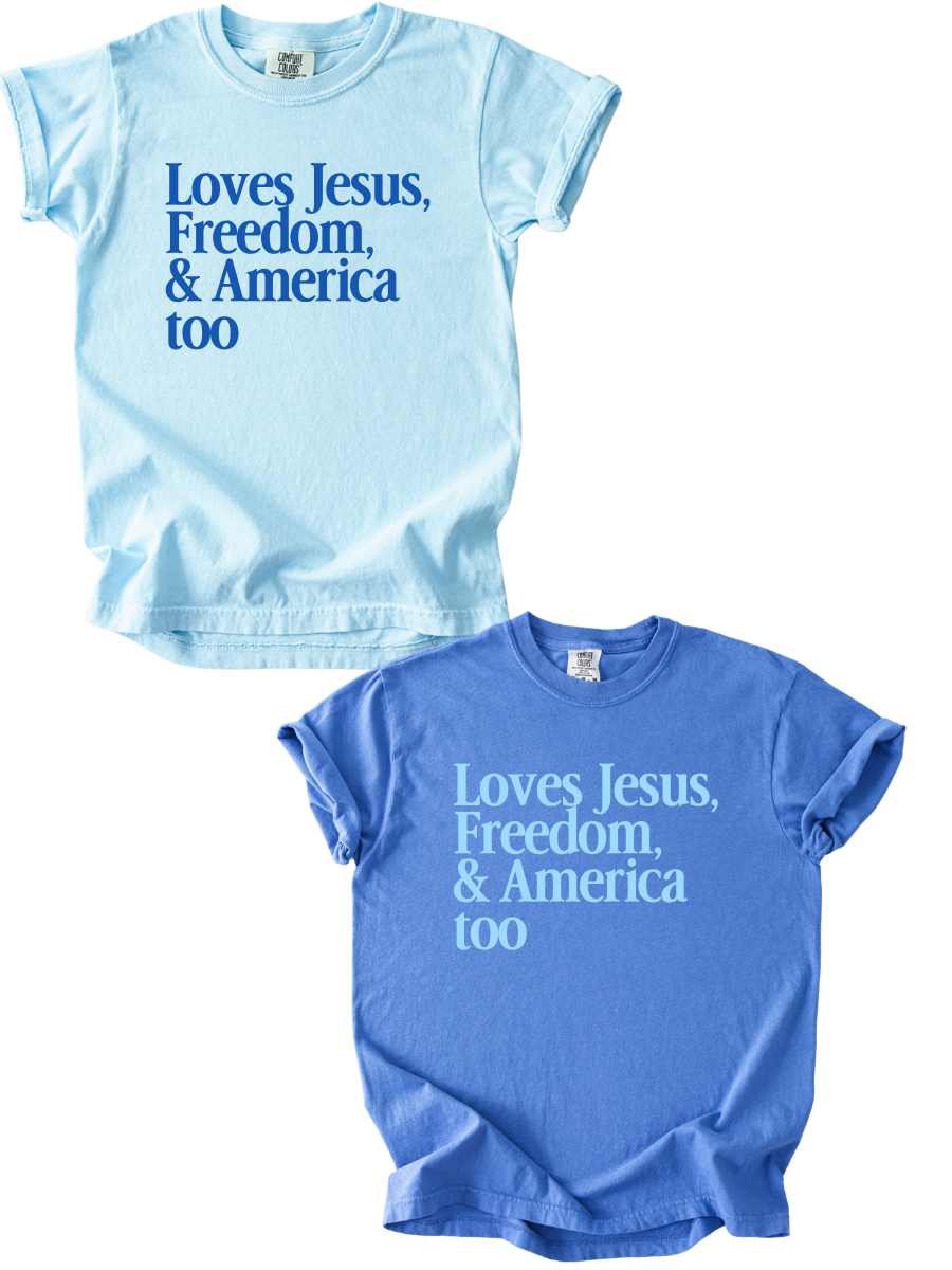 YOUTH LOVES JESUS, FREEDOM & AMERICA TOO TEE SHIRT
