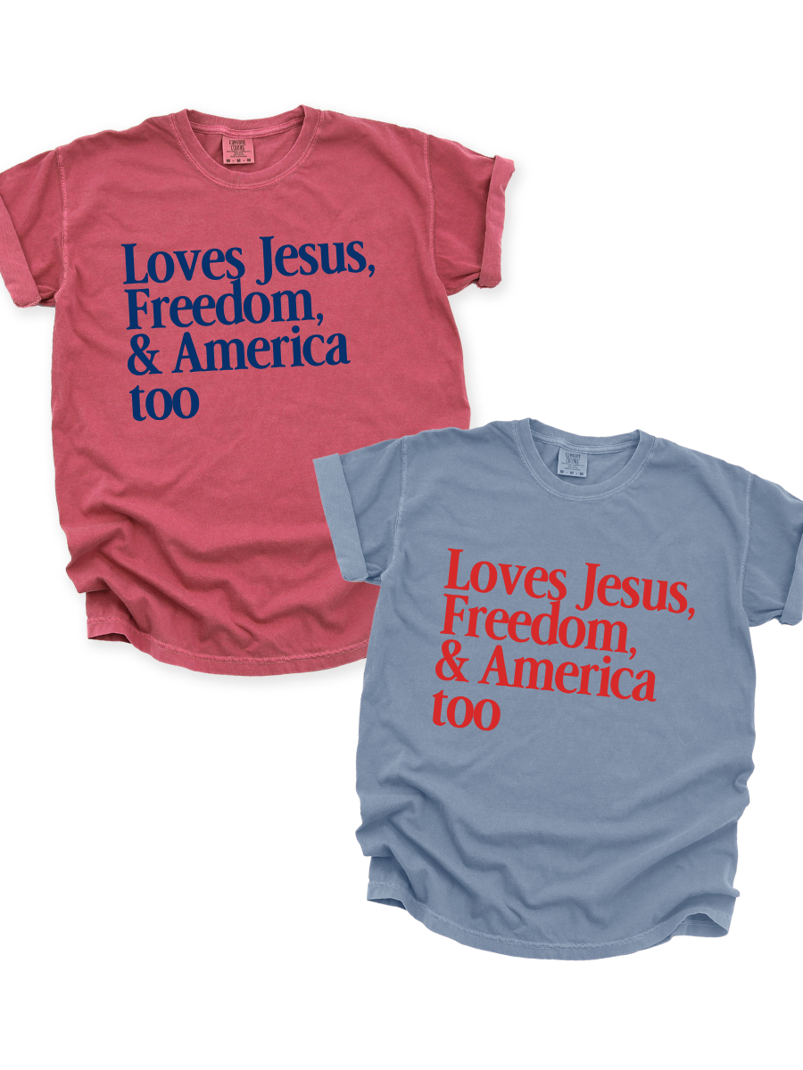 ADULT LOVES JESUS, FREEDOM & AMERICA, TOO TEE SHIRT