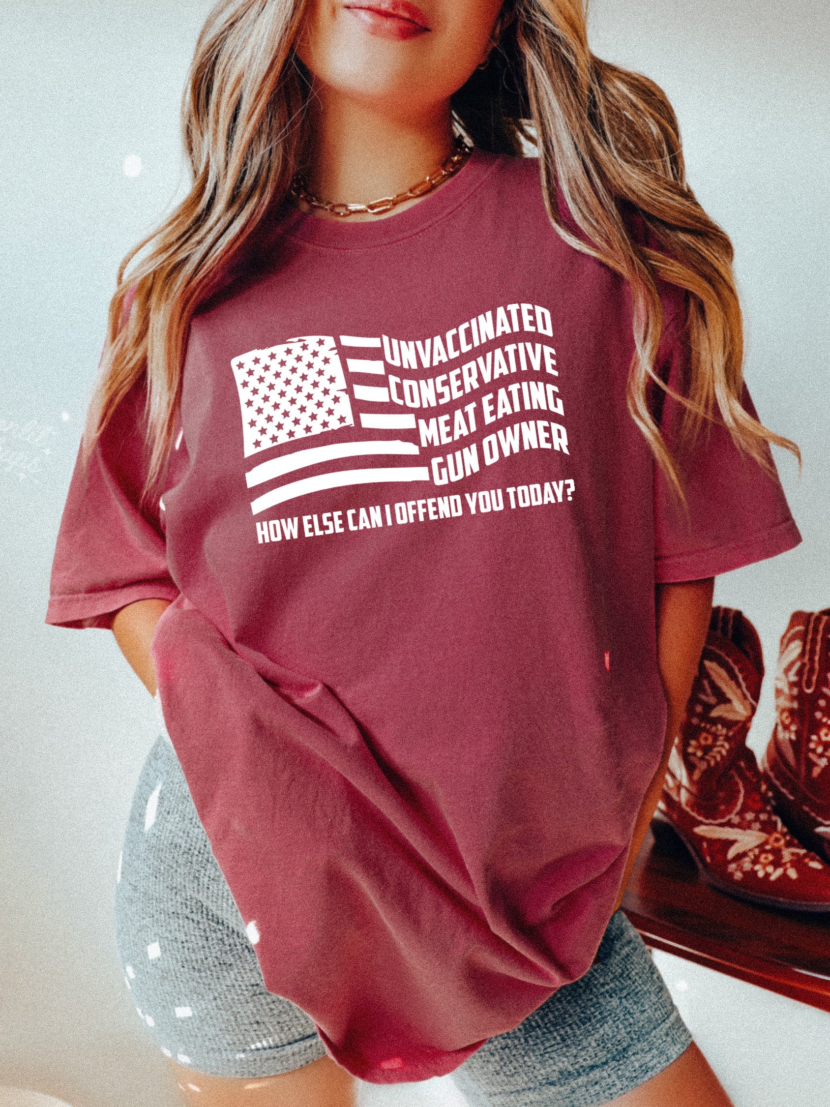 *UNVAXXED FLAG TEE* • CONSERVATIVE • MEAT EATING • GUN OWNER - WHITE PRINT